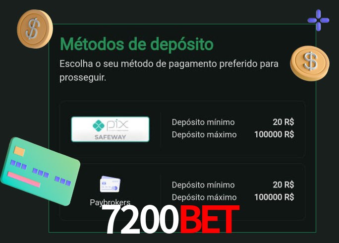 O cassino 7200BET oferece uma grande variedade de métodos de pagamento